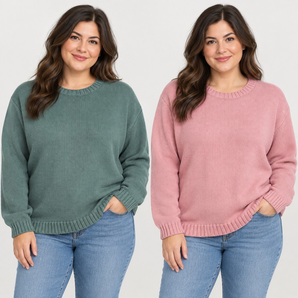Lot of 2 Charter Club Women's XL Pink & Green Cotton Knit Crew Neck Sweaters